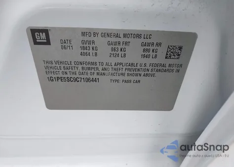 2012 Chevrolet Cruze Lt z USA, uszkodzony, nr VIN 1G1PE5SC9C7106441